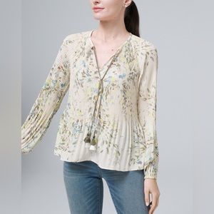 NWOT White House Black Market Pleated Tassel Tie Floral Print Blouse Size Medium